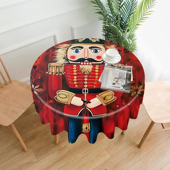 RKSupls 60 Inch Round Tablecloth, Nutcracker Soldier Floral Red Premium Polyester Straight Edge Wrinkle Resistant Washable Table Cover for Party Home Dining Decor