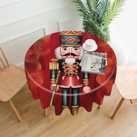RKSupls 60 Inch Round Tablecloth, Nutcracker Soldier Red Jacket Crown Premium Polyester Straight Edge Wrinkle Resistant Washable Table Cover for Party Home Dining Decor