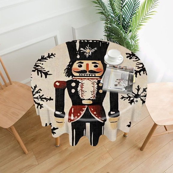 RKSupls 60 Inch Round Tablecloth, Nutcracker Soldier Snowflake Pattern Premium Polyester Straight Edge Wrinkle Resistant Washable Table Cover for Party Home Dining Decor