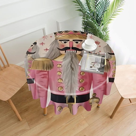 RKSupls 60 Inch Round Tablecloth, Nutcracker Soldiers Pink Gold Premium Polyester Straight Edge Wrinkle Resistant Washable Table Cover for Party Home Dining Decor