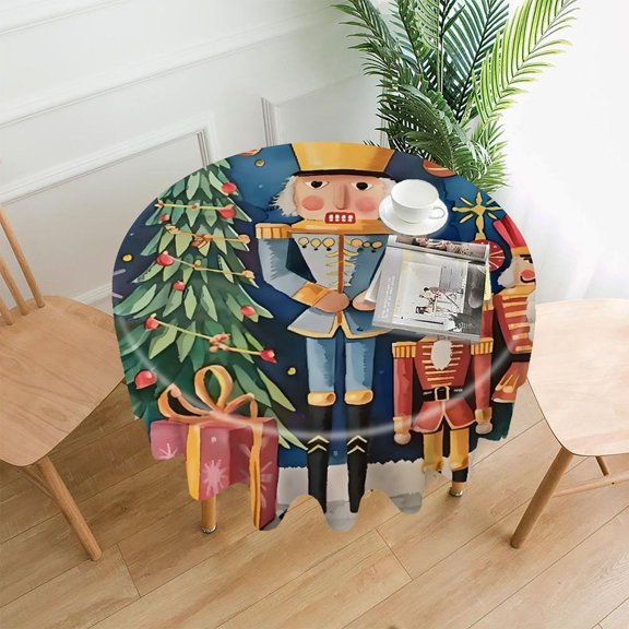 RKSupls 60 Inch Round Tablecloth, Nutcracker Soldiers Tree Presents Premium Polyester Straight Edge Wrinkle Resistant Washable Table Cover for Party Home Dining Decor