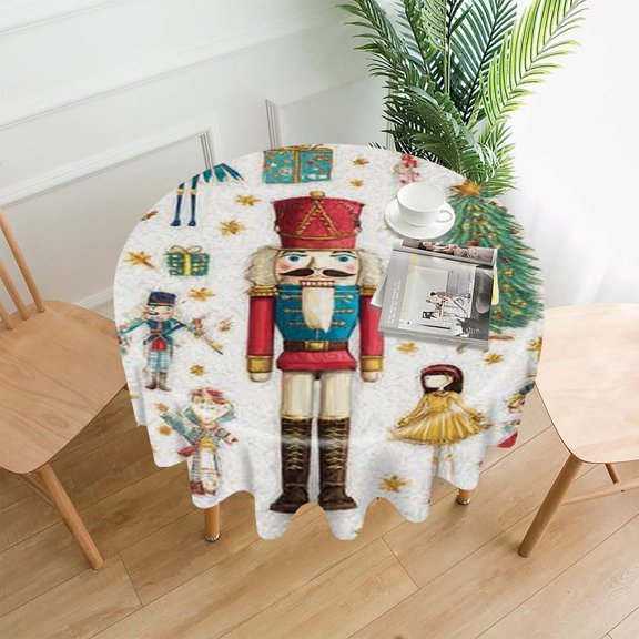 RKSupls 60 Inch Round Tablecloth, Nutcracker Tree Gift Pattern Premium Polyester Straight Edge Wrinkle Resistant Washable Table Cover for Party Home Dining Decor