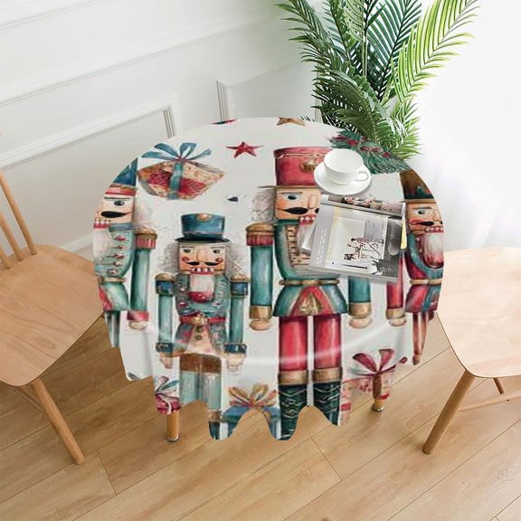 RKSupls 60 Inch Round Tablecloth, Nutcrackers Gifts Tree Premium Polyester Straight Edge Wrinkle Resistant Washable Table Cover for Party Home Dining Decor