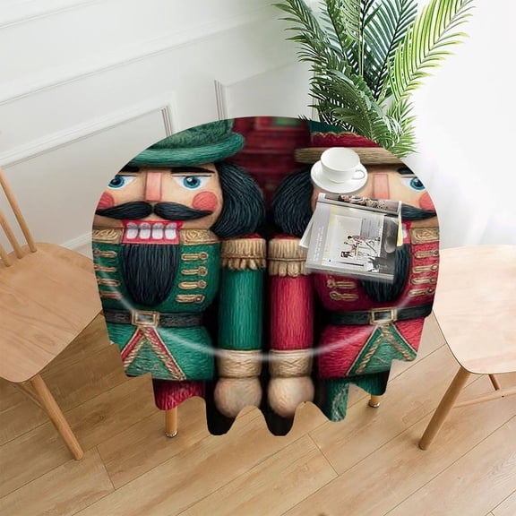 RKSupls 60 Inch Round Tablecloth, Nutcrackers Green Red Premium Polyester Straight Edge Wrinkle Resistant Washable Table Cover for Party Home Dining Decor