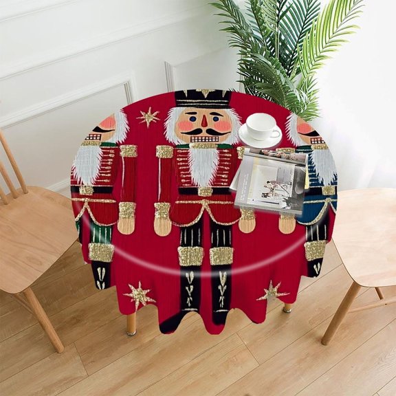 RKSupls 60 Inch Round Tablecloth, Nutcrackers Red Gold Glitter Stars Premium Polyester Straight Edge Wrinkle Resistant Washable Table Cover for Party Home Dining Decor