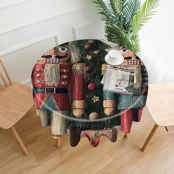 RKSupls 60 Inch Round Tablecloth, Nutcrackers Tree Gifts Premium Polyester Straight Edge Wrinkle Resistant Washable Table Cover for Party Home Dining Decor