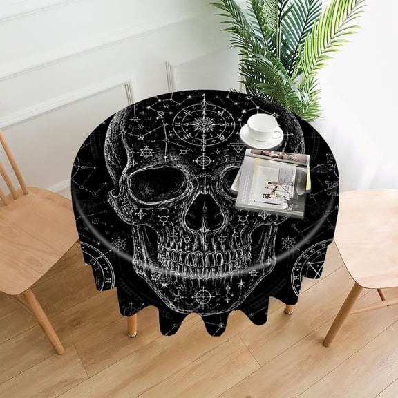 RKSupls 60 Inch Round Tablecloth, Occult Skull Astrology Symbols Premium Polyester Straight Edge Wrinkle Resistant Washable Table Cover for Party Home Dining Decor
