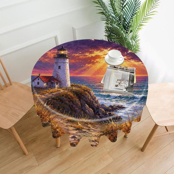 RKSupls 60 Inch Round Tablecloth, Oil Painting Lighthouse Cliff Sunset Premium Polyester Straight Edge Wrinkle Resistant Washable Table Cover for Party Home Dining Decor