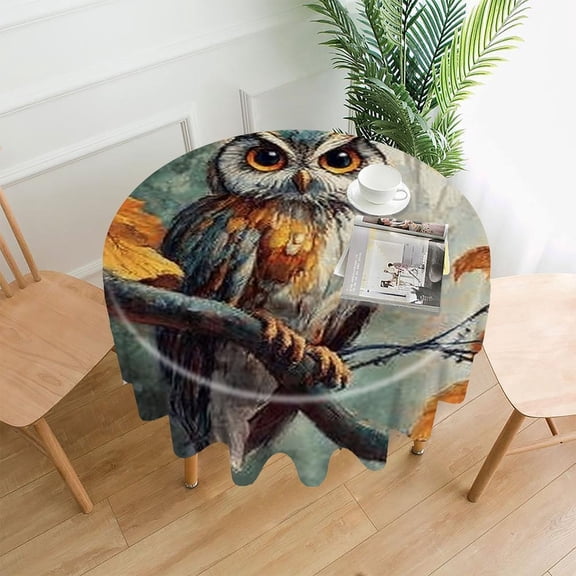 RKSupls 60 Inch Round Tablecloth, Owl Autumn Leaves Premium Polyester Straight Edge Wrinkle Resistant Washable Table Cover for Party Home Dining Decor