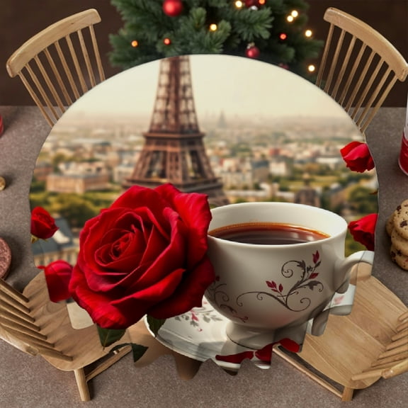 RKSupls 60 Inch Round Tablecloth, Parisian Eiffel Tower Rose Coffee Polyester Table Cover - Soft, Stain Resistant & Washable Decor for Wedding, Party, Holiday, Home Dining