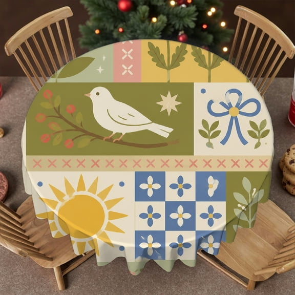 RKSupls 60 Inch Round Tablecloth - Patchwork Quilt with Bird and Sun Print, Polyester Tablecloths Machine-Made  Soft, Wedding, Party, Holiday, Home Dining