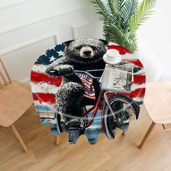 RKSupls 60 Inch Round Tablecloth, Patriotic Bear Bicycle Ride Premium Polyester Straight Edge Wrinkle Resistant Washable Table Cover for Party Home Dining Decor