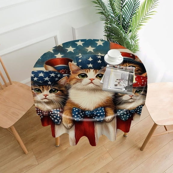 RKSupls 60 Inch Round Tablecloth, Patriotic Cats American Flag Premium Polyester Straight Edge Wrinkle Resistant Washable Table Cover for Party Home Dining Decor