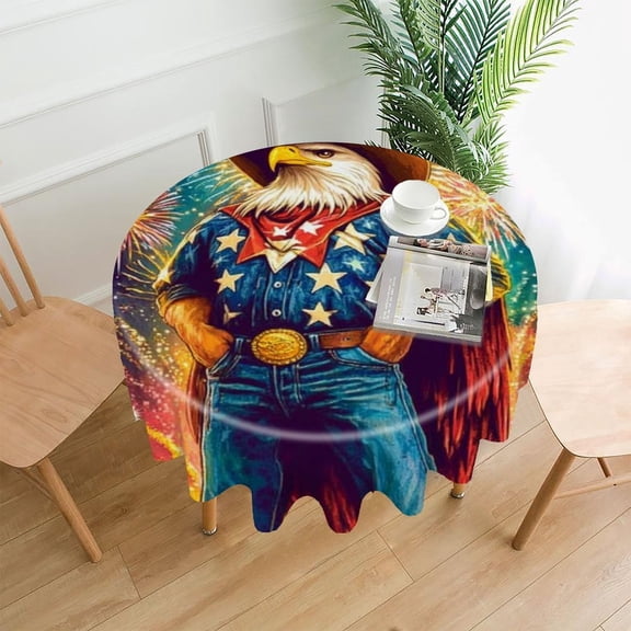 RKSupls 60 Inch Round Tablecloth, Patriotic Eagle Cowboy Western Premium Polyester Straight Edge Wrinkle Resistant Washable Table Cover for Party Home Dining Decor