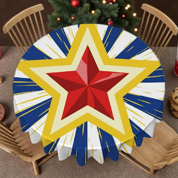 RKSupls 60 Inch Round Tablecloth - Patriotic Heroic Star Comic Sunburst Print, Kitchen Accessories 2D Flat Printing Polyester Table Cover ,Decor for Wedding, Party, Holiday, Home Dining