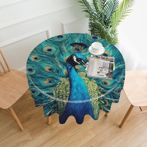 RKSupls 60 Inch Round Tablecloth, Peacock Feathers Blue Premium Polyester Straight Edge Wrinkle Resistant Washable Table Cover for Party Home Dining Decor