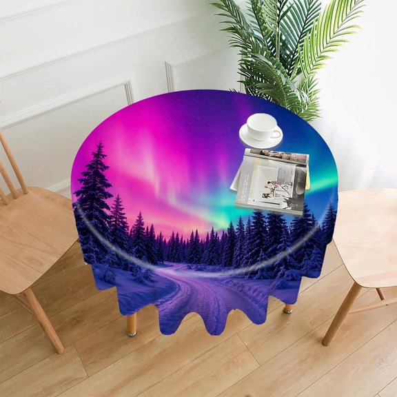 RKSupls 60 Inch Round Tablecloth, Pink Aurora Snowy Path Forest Premium Polyester Straight Edge Wrinkle Resistant Washable Table Cover for Party Home Dining Decor