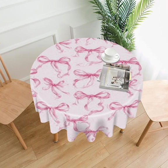 RKSupls 60 Inch Round Tablecloth, Pink Bows Pattern Premium Polyester Straight Edge Wrinkle Resistant Washable Table Cover for Party Home Dining Decor