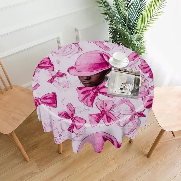 RKSupls 60 Inch Round Tablecloth, Pink Bows Premium Polyester Straight Edge Wrinkle Resistant Washable Table Cover for Party Home Dining Decor