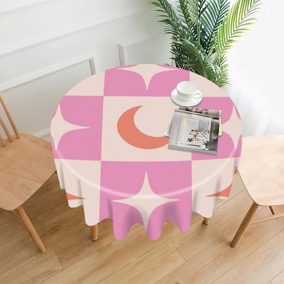 RKSupls 60 Inch Round Tablecloth, Pink Grid Moon Star Pattern Premium Polyester Straight Edge Wrinkle Resistant Washable Table Cover for Party Home Dining Decor