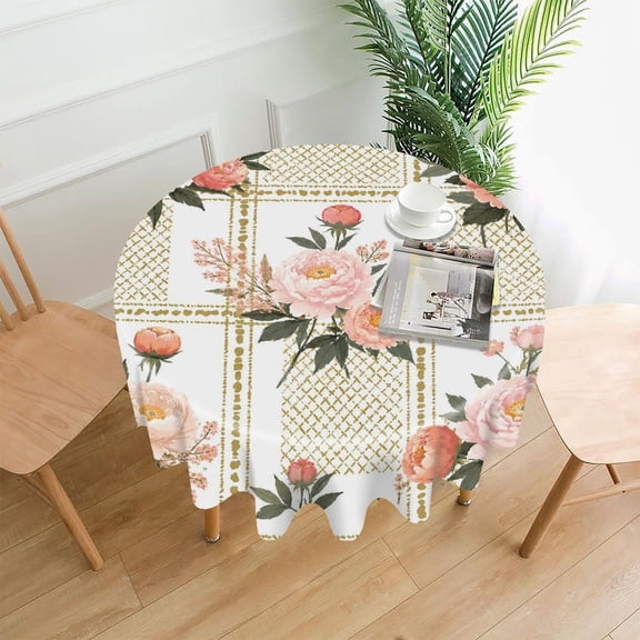 RKSupls 60 Inch Round Tablecloth, Pink Peony Gold Grid Premium Polyester Straight Edge Wrinkle Resistant Washable Table Cover for Party Home Dining Decor