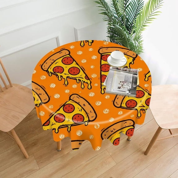RKSupls 60 Inch Round Tablecloth, Pizza Slice Pattern Orange Background Cartoon Premium Polyester Straight Edge Wrinkle Resistant Washable Table Cover for Party Home Dining Decor