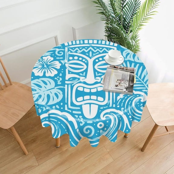 RKSupls 60 Inch Round Tablecloth, Polynesian Tiki Mask Tropical Blue Premium Polyester Straight Edge Wrinkle Resistant Washable Table Cover for Party Home Dining Decor