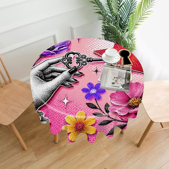 RKSupls 60 Inch Round Tablecloth, Pop Art Key Hand Star Flowers Premium Polyester Straight Edge Wrinkle Resistant Washable Table Cover for Party Home Dining Decor