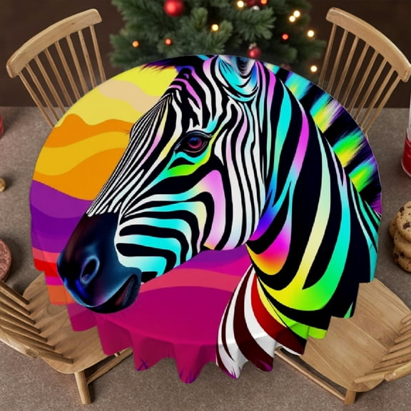 RKSupls 60 Inch Round Tablecloth, Psychedelic Zebra Rainbow Art Polyester Table Cover - Soft, Stain Resistant & Washable Decor for Wedding, Party, Holiday, Home Dining