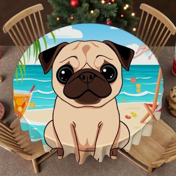 RKSupls 60 Inch Round Tablecloth, Pug Dog Tropical Beach Cocktail Polyester Table Cover - Soft, Stain Resistant & Washable Decor for Wedding, Party, Holiday, Home Dining