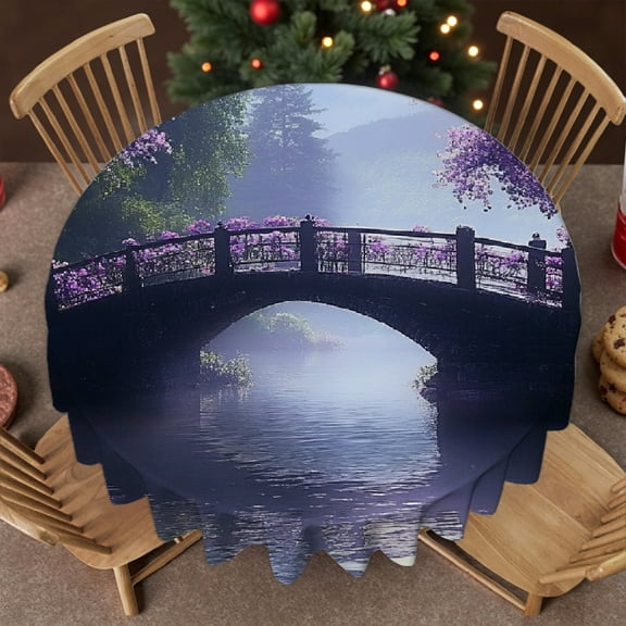 RKSupls 60 Inch Round Tablecloth, Purple Flower Bridge Scenic Polyester Table Cover - Soft, Stain Resistant & Washable Decor for Wedding, Party, Holiday, Home Dining