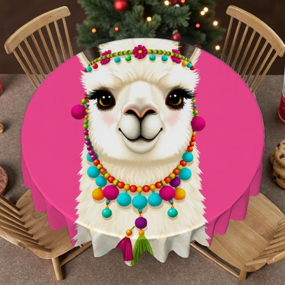 RKSupls 60 Inch Round Tablecloth, Rainbow Alpaca Cute Animal Polyester Table Cover - Soft, Stain Resistant & Washable Decor for Wedding, Party, Holiday, Home Dining