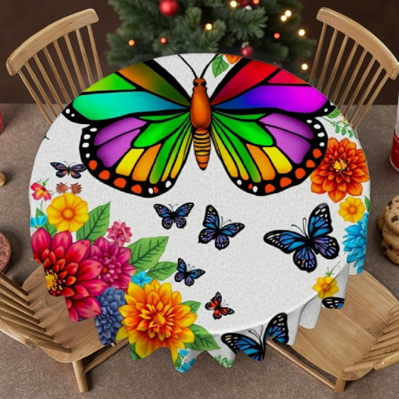 RKSupls 60 Inch Round Tablecloth, Rainbow Butterfly Floral Polyester Table Cover - Soft, Stain Resistant & Washable Decor for Wedding, Party, Holiday, Home Dining