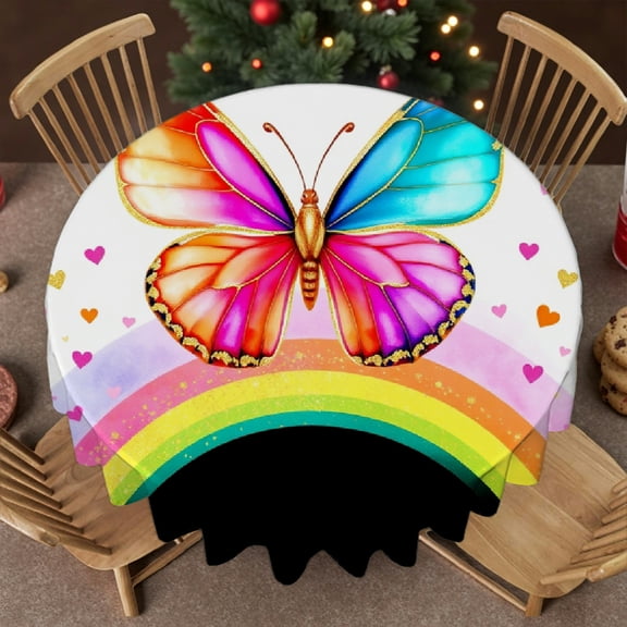 RKSupls 60 Inch Round Tablecloth, Rainbow Butterfly Glitter Polyester Table Cover - Soft, Stain Resistant & Washable Decor for Wedding, Party, Holiday, Home Dining
