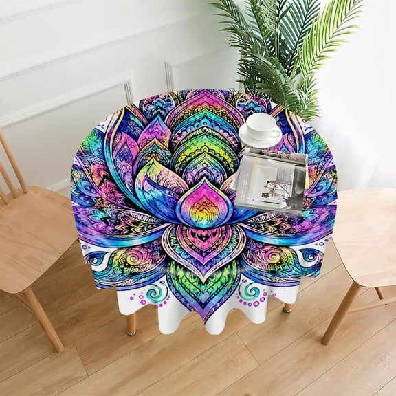 RKSupls 60 Inch Round Tablecloth, Rainbow Mandala Flower Premium Polyester Straight Edge Wrinkle Resistant Washable Table Cover for Party Home Dining Decor