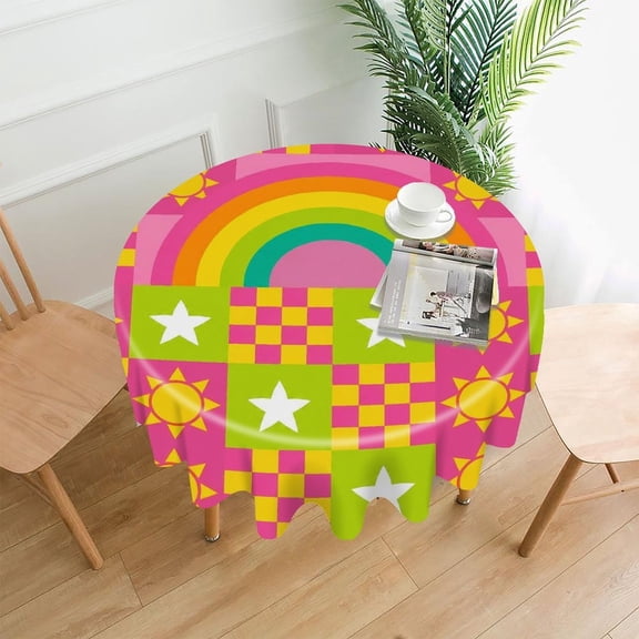 RKSupls 60 Inch Round Tablecloth, Rainbow Star Checkered Pattern Premium Polyester Straight Edge Wrinkle Resistant Washable Table Cover for Party Home Dining Decor