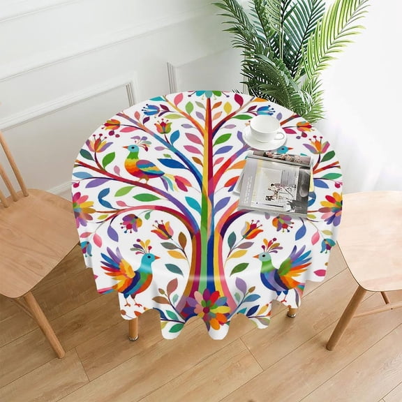RKSupls 60 Inch Round Tablecloth, Rainbow Tree Birds Flowers Premium Polyester Straight Edge Wrinkle Resistant Washable Table Cover for Party Home Dining Decor