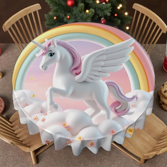 RKSupls 60 Inch Round Tablecloth, Rainbow Unicorn Polyester Table Cover - Soft, Stain Resistant & Washable Decor for Wedding, Party, Holiday, Home Dining