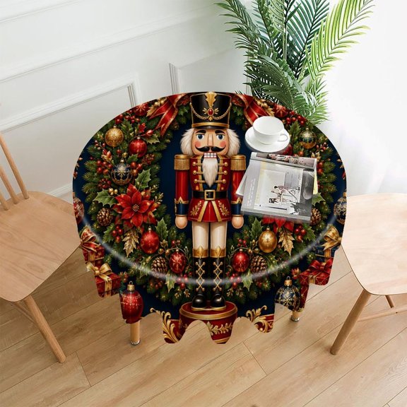 RKSupls 60 Inch Round Tablecloth, Red Nutcracker Christmas Wreath Frame Premium Polyester Straight Edge Wrinkle Resistant Washable Table Cover for Party Home Dining Decor