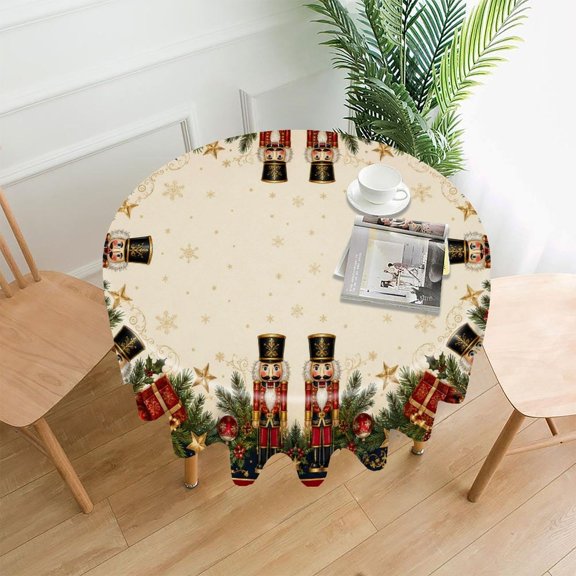 RKSupls 60 Inch Round Tablecloth, Regal Nutcracker Christmas Garland Premium Polyester Straight Edge Wrinkle Resistant Washable Table Cover for Party Home Dining Decor
