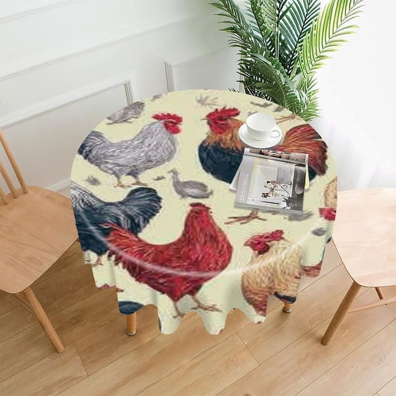 RKSupls 60 Inch Round Tablecloth, Rooster Chicken Premium Polyester Straight Edge Wrinkle Resistant Washable Table Cover for Party Home Dining Decor