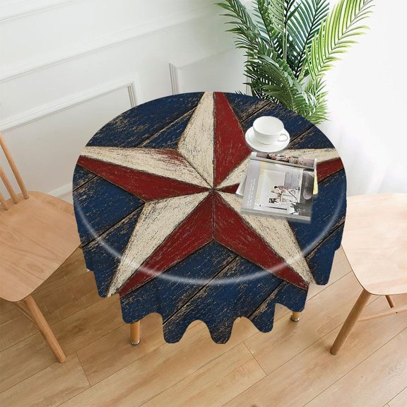 RKSupls 60 Inch Round Tablecloth, Rustic Barn Star Red White Blue Wood Premium Polyester Straight Edge Wrinkle Resistant Washable Table Cover for Party Home Dining Decor