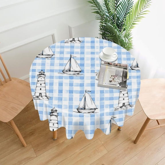 RKSupls 60 Inch Round Tablecloth, Sailboat Lighthouse Check Pattern Premium Polyester Straight Edge Wrinkle Resistant Washable Table Cover for Party Home Dining Decor