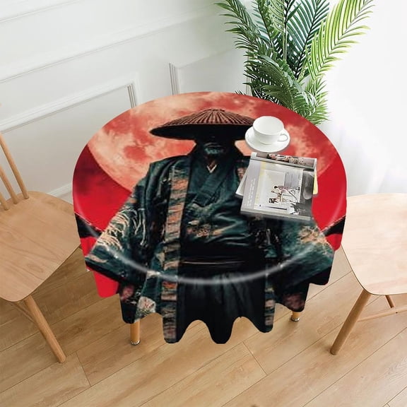 RKSupls 60 Inch Round Tablecloth, Samurai Moon Red Japanese Premium Polyester Straight Edge Wrinkle Resistant Washable Table Cover for Party Home Dining Decor