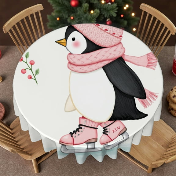 RKSupls 60 Inch Round Tablecloth, Skating Penguin Winter Polyester Table Cover - Soft, Stain Resistant & Washable Decor for Wedding, Party, Holiday, Home Dining