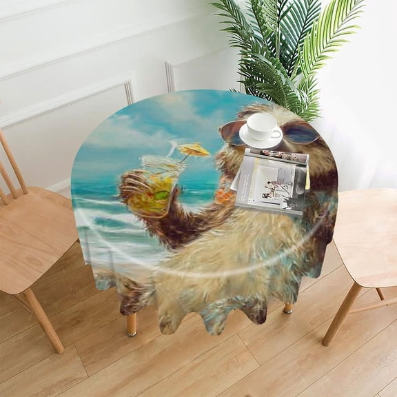 RKSupls 60 Inch Round Tablecloth, Sloth Beach Drink Premium Polyester Straight Edge Wrinkle Resistant Washable Table Cover for Party Home Dining Decor