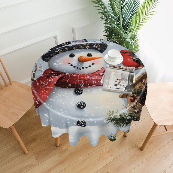 RKSupls 60 Inch Round Tablecloth, Snowman Birdhouse Red Robin Scarf Premium Polyester Straight Edge Wrinkle Resistant Washable Table Cover for Party Home Dining Decor