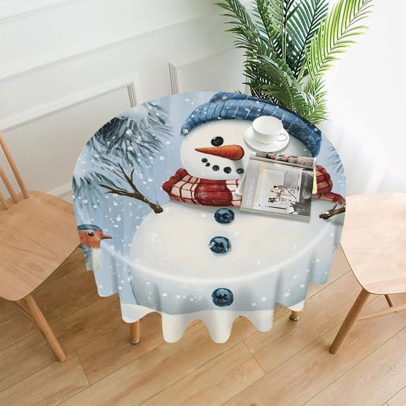 RKSupls 60 Inch Round Tablecloth, Snowman Blue Hat Robin Snowfall Premium Polyester Straight Edge Wrinkle Resistant Washable Table Cover for Party Home Dining Decor