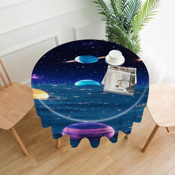 RKSupls 60 Inch Round Tablecloth, Space Planet Ocean Reflection Premium Polyester Straight Edge Wrinkle Resistant Washable Table Cover for Party Home Dining Decor