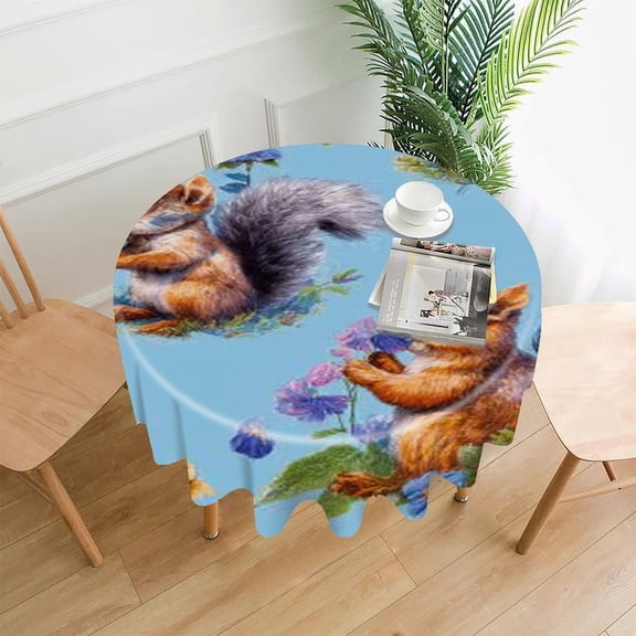 RKSupls 60 Inch Round Tablecloth, Squirrel Flower Blue Premium Polyester Straight Edge Wrinkle Resistant Washable Table Cover for Party Home Dining Decor